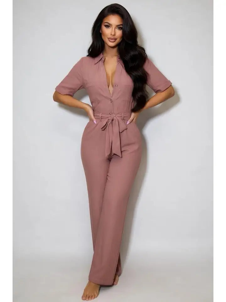Belted Deep V-Neck Quarter Sleeve Jumpsuit