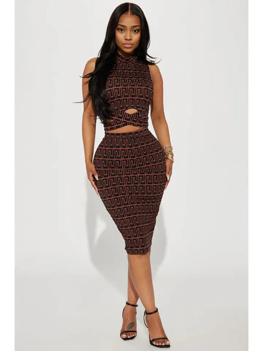 Ribbed Mock Neck Cut Out Top & Midi Skirt Set