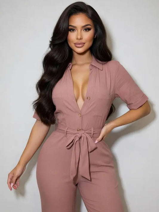 Belted Deep V-Neck Quarter Sleeve Jumpsuit