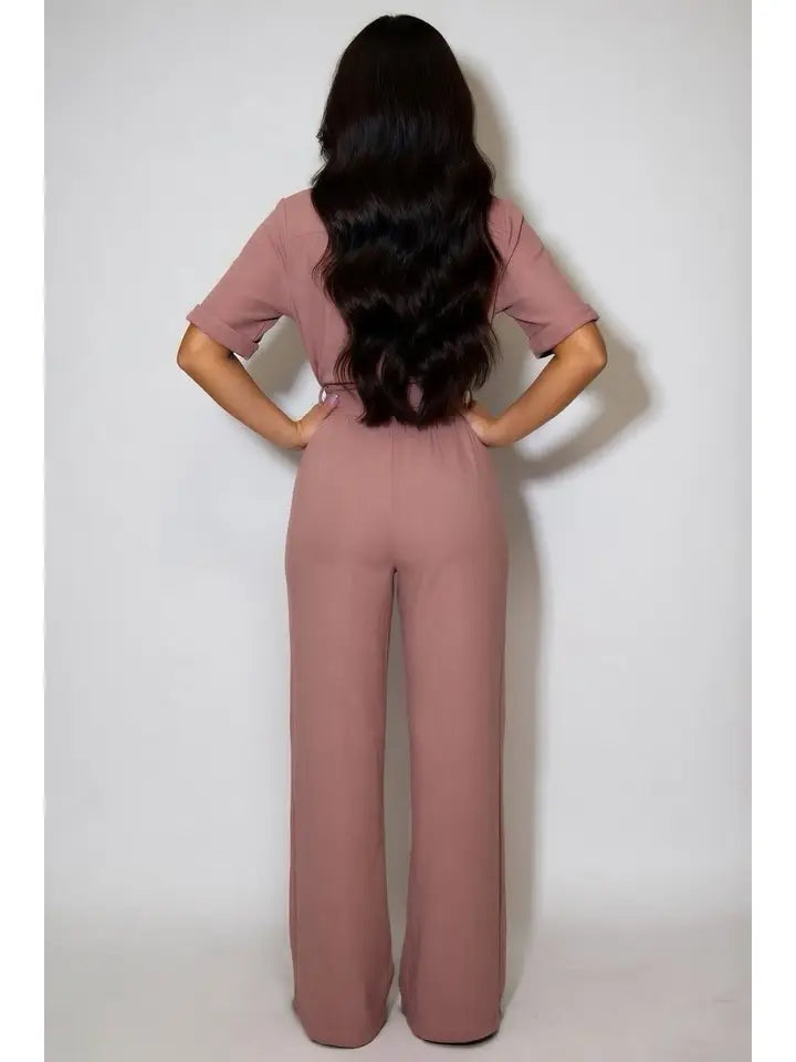 Belted Deep V-Neck Quarter Sleeve Jumpsuit